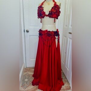 Stunning Red Passion and Black lace Bellydance Costume 🌹